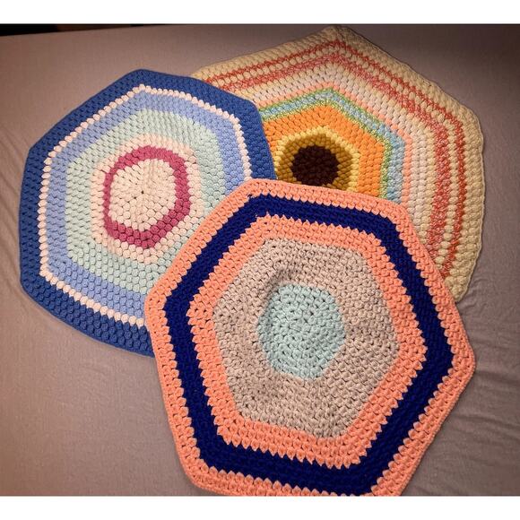 3 Handmade Pink Blue White Multi-Color Crochet Hexagon Afghan Area Chair Rugs - Picture 1 of 5